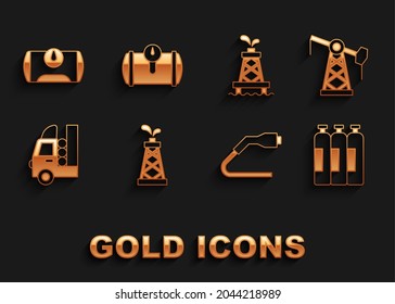 Ölbohrer, Pumpen- oder Pumpenbuchse, Industriegaszylinder-Tank, elektrische Kabelstecker-Ladung, Gas für Fahrzeuge und Icon. Vektorgrafik
