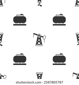 Set Oil rig, pump or pump jack and tank storage on seamless pattern. Vector