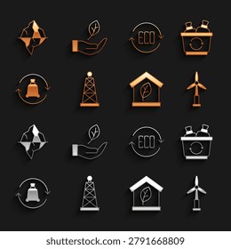 Set Oil rig, Recycle bin, Wind turbine, Eco friendly house, Garbage bag with recycle, Leaf symbol, Iceberg and hand icon. Vector