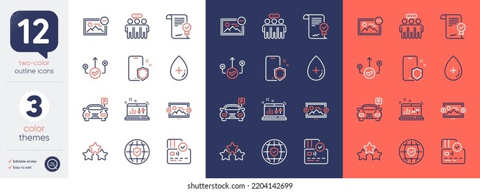 Set of Oil serum, Card and Employees group line icons. Include Image carousel, Parking, Global insurance icons. Correct way, Phone protect, Remove image web elements. Ranking stars. Vector