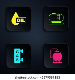 Ponga en funcionamiento el depósito de combustible, la caída, la estación de servicio de gasolina y . Botón cuadrado negro. Vector