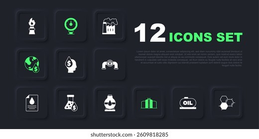Set Oil tank storage, Molecule oil, drop with dollar symbol, petrol test tube, Motor gas gauge and  icon. Vector