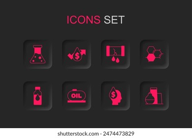 Set Oil tank storage, price increase, petrol test tube, drop with dollar symbol, Molecule oil, Broken pipe valve and  icon. Vector