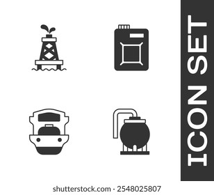 Definir armazenamento de tanque de óleo, plataforma, navio-tanque e Canister para ícone de óleo do motor. Vetor