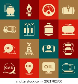 Set Oil tank storage, tanker ship, Motor gas gauge, Industrial cylinder, Tanker truck,  and Propane icon. Vector