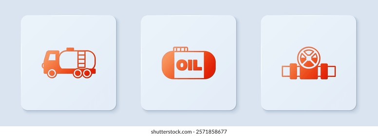 Set Oil tank storage, Tanker truck and Metallic pipes and valve. White square button. Vector