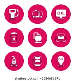 Set Oil tank storage, tanker ship, Refill petrol fuel location, Spare wheel in the car, rig, Barrel oil, Word and Petrol gas station icon. Vector