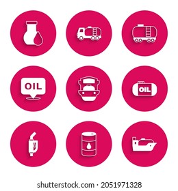 Set Oil tanker ship, Barrel oil, storage, Gasoline pump nozzle, Word, railway cistern and petrol test tube icon. Vector