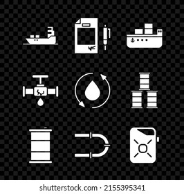 Colocar barco petrolero, Contratar dinero y bolígrafo, Aceite de barril, Tubo industrial, Cañón de motor, Roto con agua de gotera e icono de gota. Vector