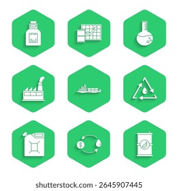 Set Navio petroleiro, troca, Bio combustível barril, gota com reciclagem, Vasilha para gasolina, construção de fábrica industrial, tubo de teste de gasolina e ícone. Vetor