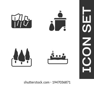 Set Oil tanker ship, Glacier melting, Forest and Full dustbin icon. Vector