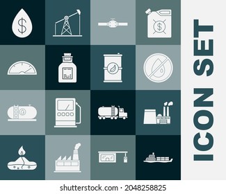 Set Oil tanker ship, industrial factory building, No oil drop, Industry pipes and valve, petrol test tube, Speedometer, with dollar and Bio fuel barrel icon. Vector