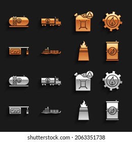 Set Oil tanker ship, industrial factory building, Bio fuel barrel, rig with fire, Gas filling station, Eco canister,  and Tanker truck icon. Vector