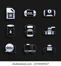 Set Oil tanker ship, railway cistern, Metallic pipes and valve, Word oil, Barrel, Gas for vehicle and Canister motor icon. Vector