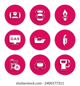 Set Oil tanker ship, Spare wheel in the car, Petrol or gas station, Gasoline pump nozzle, Canister for motor oil, Location and, rig with fire and vehicle icon. Vector