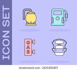 Conjunto buque petrolero, almacenamiento, estación de servicio de gas y gasolina icono de gas. Vector
