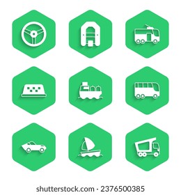 Set Oil tanker ship, Yacht sailboat, Delivery cargo truck, Bus, Car, Taxi roof, Trolleybus and Steering wheel icon. Vector
