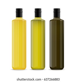 Set of oil or wine glass bottles isolated on white background. The collection of three narrow and high bottles. Yellow, green and black realistic mockups. Vector template for product design.