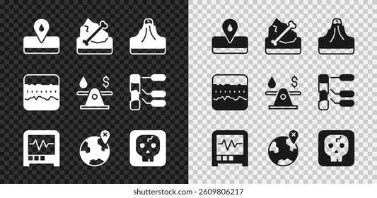 Set Oilfield, Archeology, Volcano, Seismograph, Location on the globe, Soil ground layers and money icon. Vector - Powered by Shutterstock - Get 15% off with code: PIKWIZARD15
