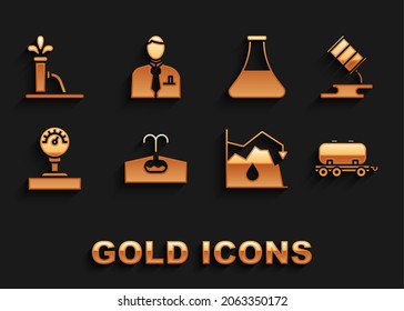 Set Oilfield, Barrel oil leak, railway cistern, Drop in crude price, Gauge scale, petrol test tube, pump or pump jack and Businessman stock market trader icon. Vector