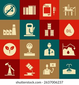 Set Oilfield, Drop in crude oil price, drop, Contract money and pen, Petrol or gas station, industrial factory building, No Smoking and Barrel icon. Vector