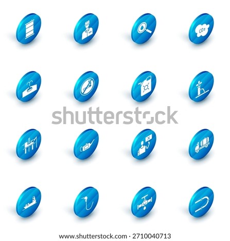 Set Oilman, drop, CO2 emissions in cloud, Oilfield, platform the sea, No Smoking, pump pump jack and Canister motor oil icon. Vector