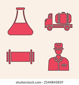 Set Oilman, Oil petrol test tube, Tanker truck and Industry pipe icon. Vector