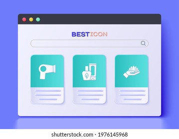 Set Ointment cream tube, Hair dryer and Lotus flower icon. Vector