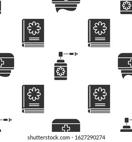 Set Ointment cream tube medicine, Medical bottle with nozzle spray and Medical book on seamless pattern. Vector