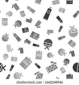 Set Ointment cream tube medicine, Medicine bottle and pills, Medicine pill or tablet and Medical clipboard with clinical record on seamless pattern. Vector