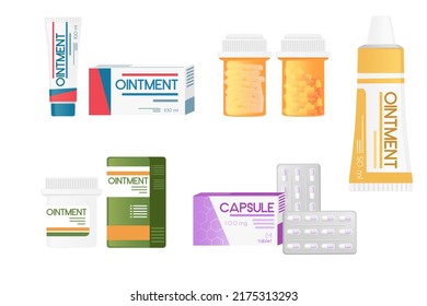 Set of ointment and tablets in different packages vector illustration on white background