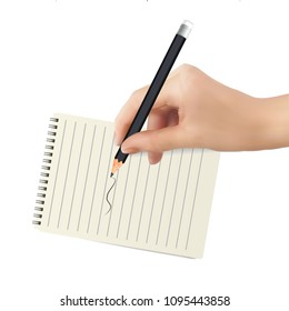 set oject Vector young woman hands Writing notebook pages with Black pencil in light White background table with bookmarks.