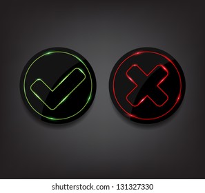 Set of ok and cancel plastic buttons / icons with shiny neon lights, glossy and modern design for websites (UI) or applications (app) for smartphones or tablets