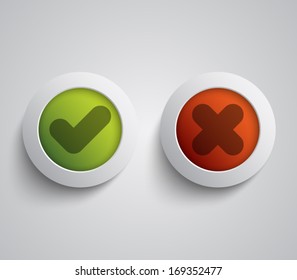 Set of ok and cancel plastic buttons / icons, glossy and modern design for websites (UI) or applications (app) for smartphones and tablets. Validation buttons