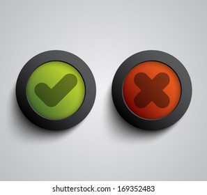 Set of ok and cancel plastic buttons / icons, glossy and modern design for websites (UI) or applications (app) for smartphones and tablets. Validation buttons