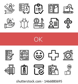 Set of ok icons such as Proposal, Check out, Tick, Done, Check, Stamp, Quality, Cross, Checking, Check in, Voting, Accreditation, Ok, Checked box, Like , ok