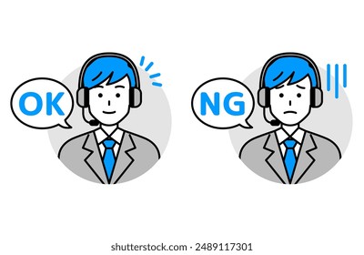 Set of OK and NG by an operator wearing a headset