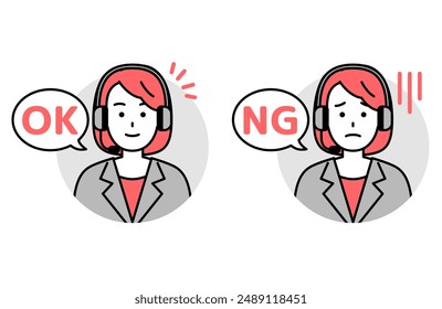 Set of OK and NG for a female operator wearing a headset