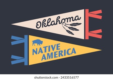 Set of Oklahoma pennants. Vintage retro graphic flag, pennant, star, sign, symbols of USA. Native America.