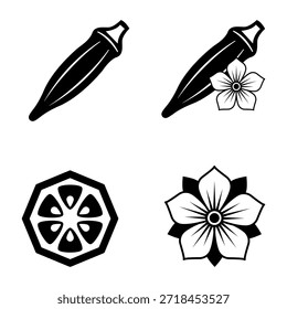 Set of okra illustrations including a flower and sliced okra
