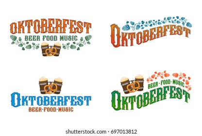 The set of Oktoberfest banners. Hand crafted vector illustrations with beer mugs, pretzel and hops. Design for beer festival badge, stickers, prints, icons.