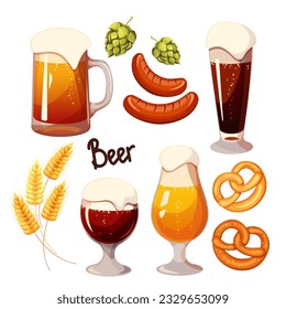 A set for the Oktoberfest beer festival.Beer glasses, pretzels, grilled sausages, wheat, hop cones.Vector illustration.