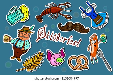 Set of Oktoberfest cartoon stickers. Craft beer hand drawn elements set. Comic style.
