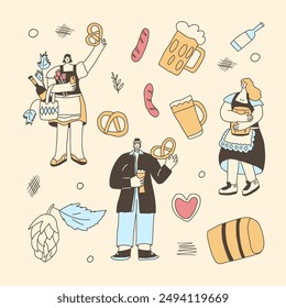 Set of Oktoberfest characters. Beer festive people square poster. Vector hand drawn flat collection illustration.