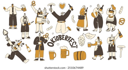 Conjunto de personajes de Oktoberfest con letras. Kit de gente festiva de cerveza. Vector dibujado a mano doodle ilustración de colección sobre fondo blanco.