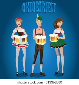 Set Oktoberfest contains man and women which hold mugs of beer