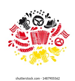 Set Oktoberfest contour vector lettering. Phrase inside round frame drawing. Illustration of beer mug, pretzel, sausage, Bavarian flag on the background of german flag.