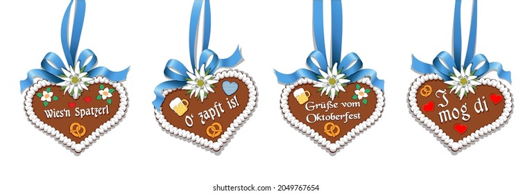 Set of Oktoberfest different hanging gingerbread hearts, with typical Oktoberfest party symbol text in German,
Vector illustration isolated on white background
