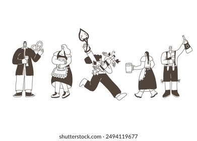 Set of Oktoberfest doodle characters. Beer festive people kit. Vector collection illustration isolated on white background.