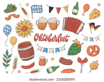 Set von Oktoberfest-Doodles, Cartoon-Elemente für Aufkleber, Drucke, Symbole, Clipkunst, Kartendekor, Sublimierung, Etiketten, Tags usw. EPS10